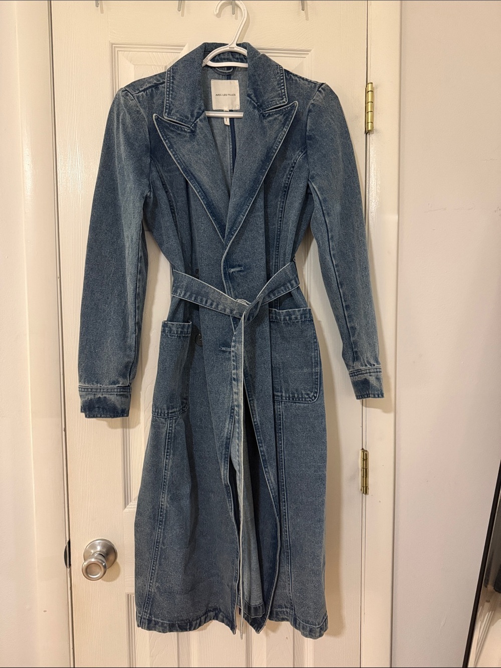 Avec Les Filles Blue Denim Trench Coat with Self-Tie Belt